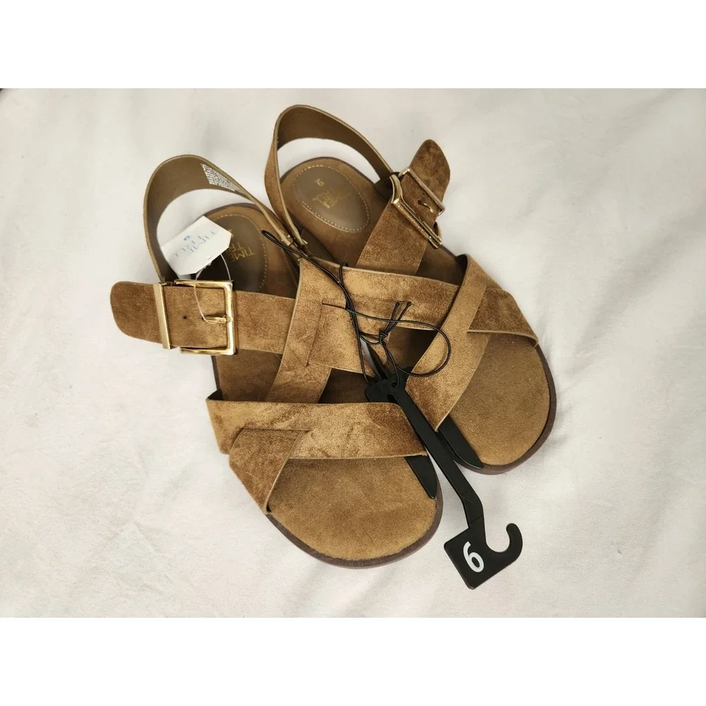 Time and Tru Womens Sandals Size 9 Olive Faux Suede Strappy Buckle Flat New NWT